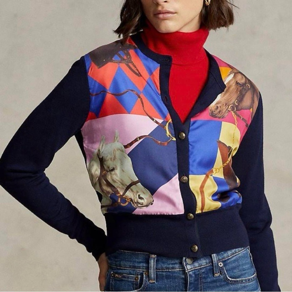 Polo Ralph Lauren Equestrian Silk Graphic Buttoned Wool Cardigan NWT Size Large